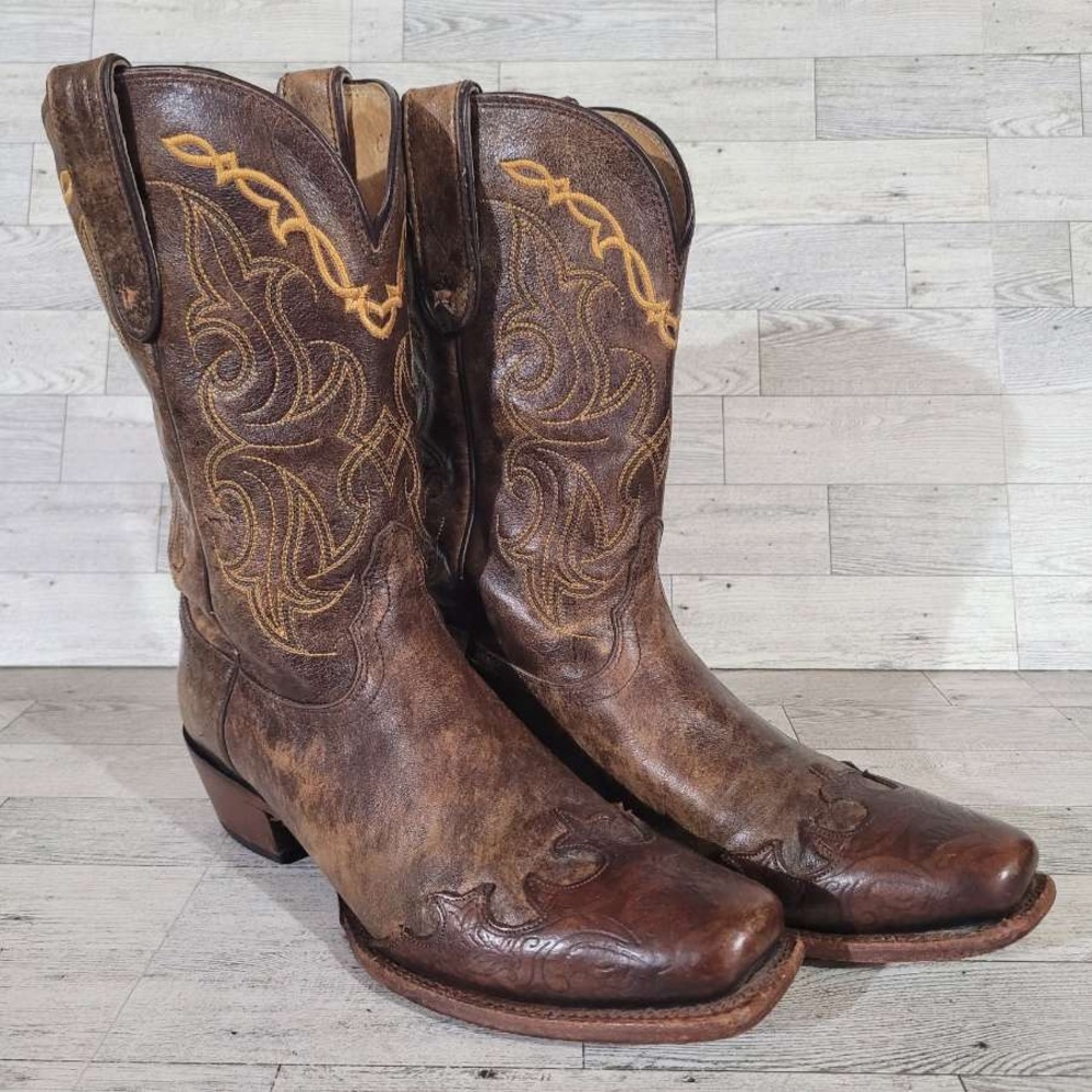 Tony Lama Brown Heeled Boots with Gold Embroidery